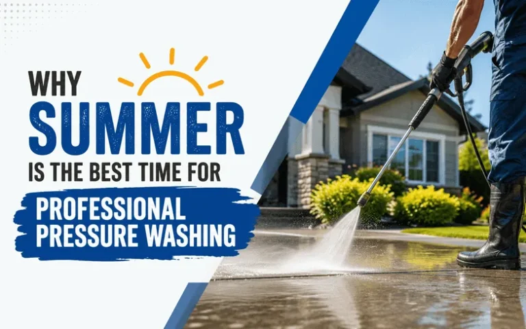 Why Summer Is the Best Time for Professional Pressure Washing Professional pressure washing during summer to clean a residential driveway and improve curb appeal